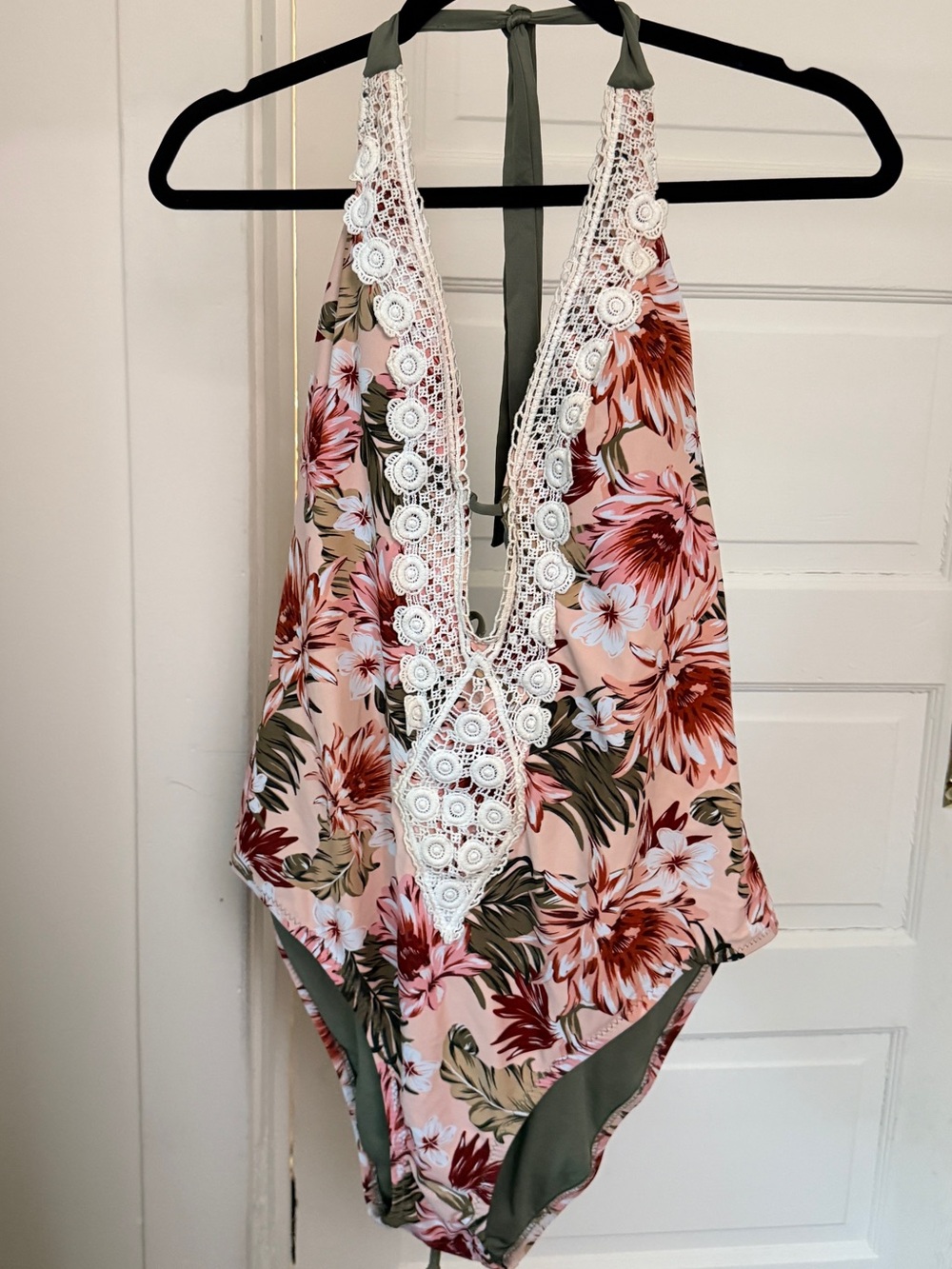 Kona Sol Pink Floral One-Piece Swimsuit with White Lace